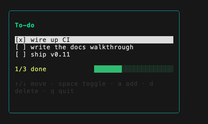A bordered to-do list in the terminal with a progress bar